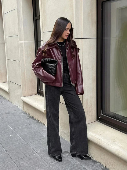 2025 New Fashion PU Leater Loose Jacket Women Autumn Lapel Zipper Long Sleeve Outerwears Streetwear Burgundy Female Bomber Coats