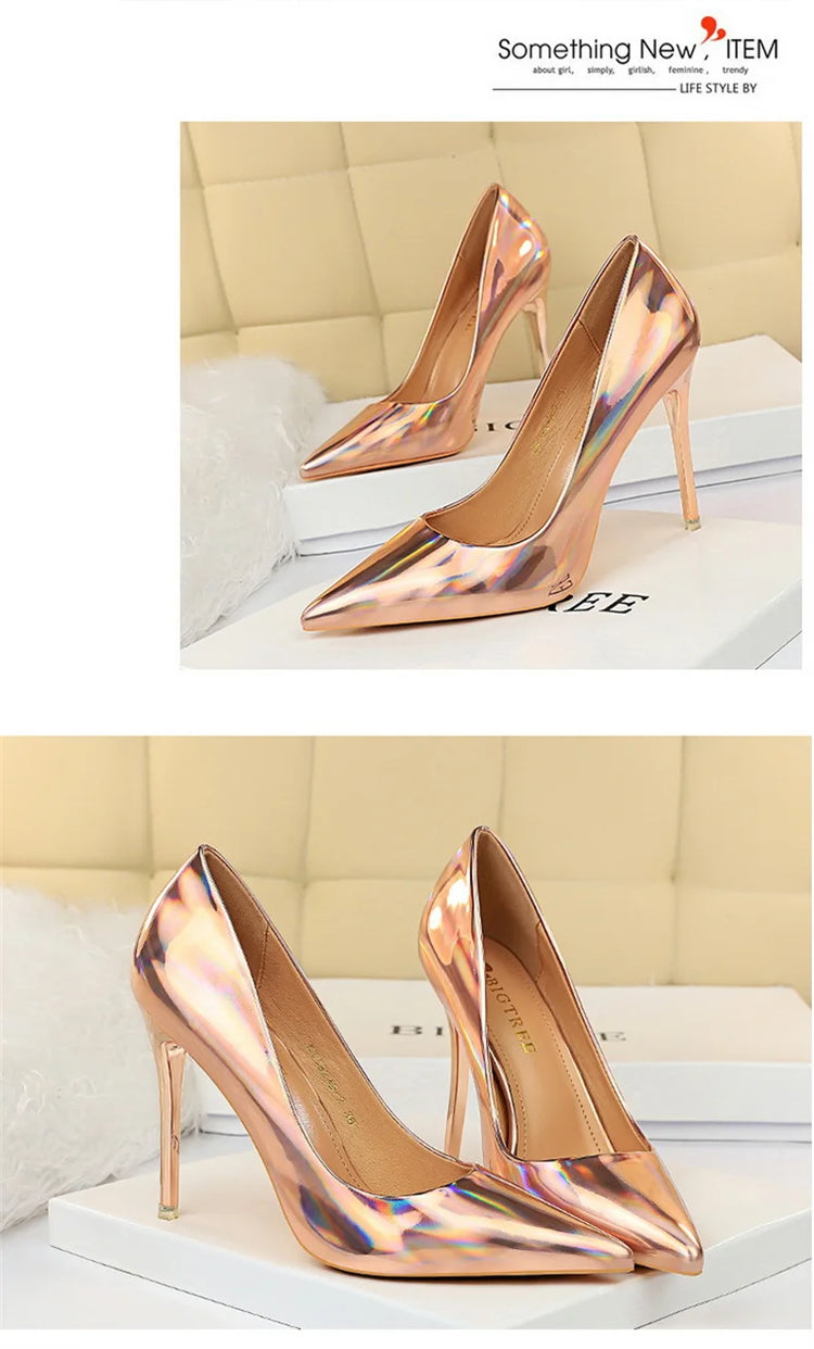 Tacchi alti da donna Blu Verde Décolleté di San Valentino Lusso lucido Stiletto Matrimonio Nuziale Discoteca Moda Semplice Colore solido 1829-2