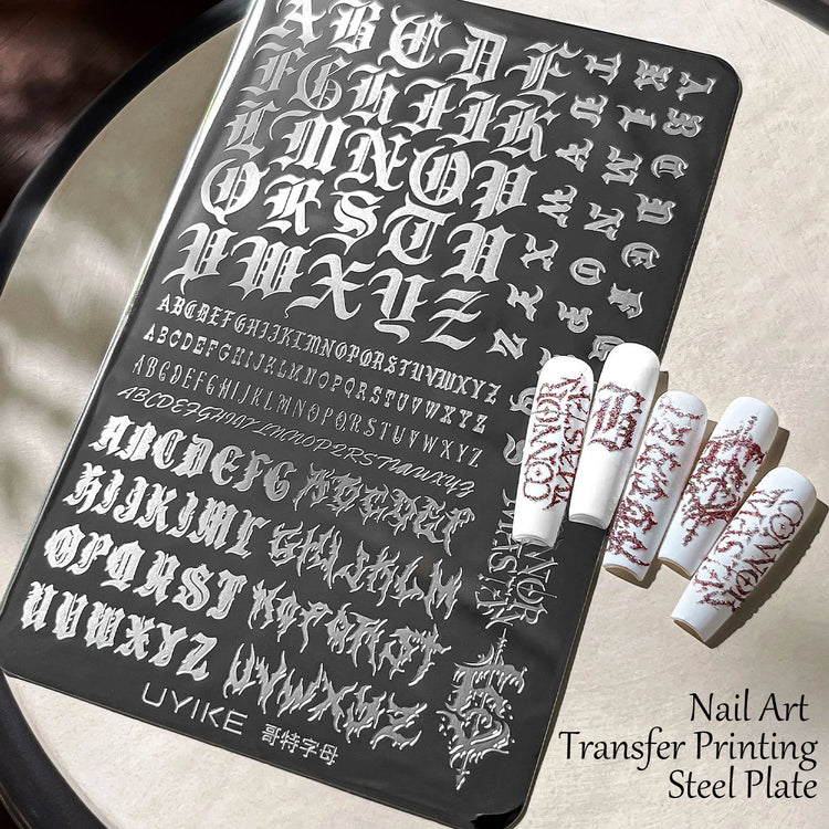 Gothic Letter Nail Art Transfer Printing Steel Plate Nail Art Silicone Stamp Star Heart Dot Bowknot Lace Manicure Tool Templates