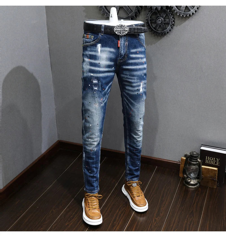 Fashion Designer Men Jeans Retro Blue Stretch Slim Fit Painted Ripped Jeans Men Korean Style Vintage Casual Denim Pants Hombre PlatiNum