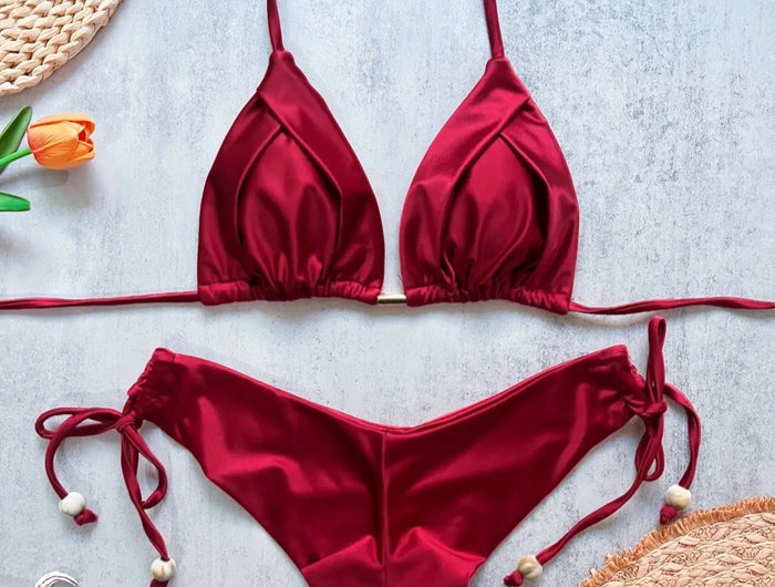 2026 Sexy Bikini a Pieghe Tinta Unita Micro Bikini Donna Costume da Bagno Femminile Triangolare Abbigliamento da Spiaggia platinumshop
