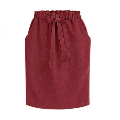 Elegante Gonna Midi Verde in Cotone da Donna, Stile Matita per Ufficio, Vita Elastica con Dettaglio Fiocco, Primavera Estate 2026