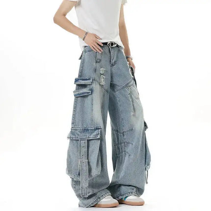 IEFB Jeans da uomo stile americano tinta unita multi tasche pantaloni casual usurati decostruzione pantaloni in denim a gamba larga 9W4066