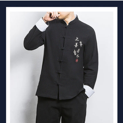Camicie a maniche lunghe da uomo Ricamo tradizionale in cotone e lino Casual Tang Suit Cardigan da uomo Camicette Kung Fu retrò stile cinese da uomo