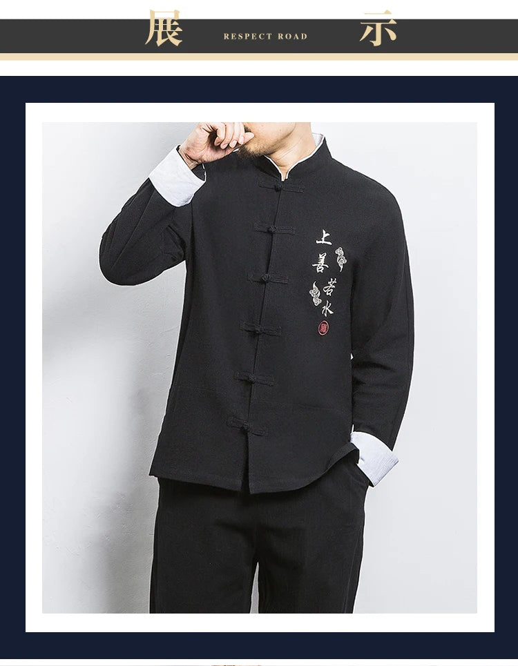 Camicie a maniche lunghe da uomo Ricamo tradizionale in cotone e lino Casual Tang Suit Cardigan da uomo Camicette Kung Fu retrò stile cinese da uomo