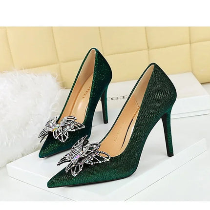 NUOVE Décolleté da donna con strass Tacchi alti a farfalla 10 CM Tacchi a spillo da donna in pelle scamosciata Scarpe da banchetto di lusso Scarpe da sposa di moda