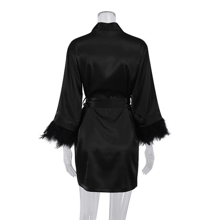 Accappatoi di piume Mini abito sexy in raso a maniche lunghe Vestaglia allentata per le donne Abito da sposa bianco Abiti da sposa neri