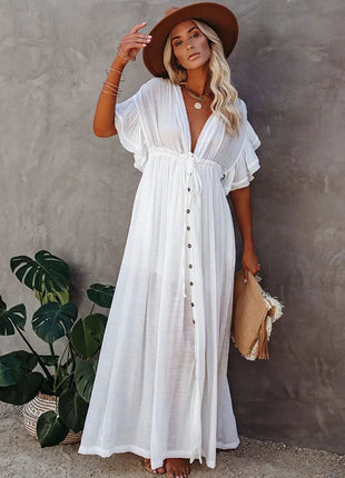 Costume da bagno donna taglie forti copricostume con scollo a V profondo costume da bagno Bikini Coverup abito lungo Kimono caftano diviso platinumshop