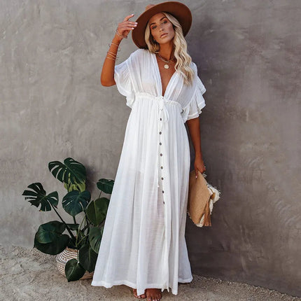 Costume da bagno donna taglie forti copricostume con scollo a V profondo costume da bagno Bikini Coverup abito lungo Kimono caftano diviso platinumshop