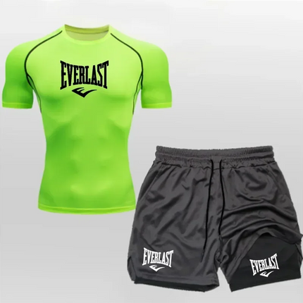 EVERLAST Camicia da Compressione da Uomo + Pantaloncini Sportivi 2 in 1 Set da 2 Pezzi per Il Tempo Libero Respiro Manica Corta Sport Jogging Palestra Marchio di Abbigliamento Stampa platinumshop