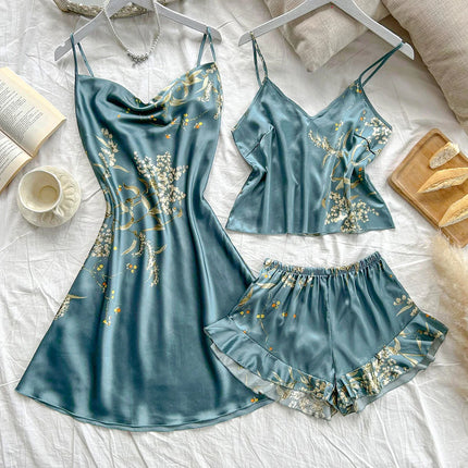 Pigiama da donna con stampa ciliegia Abito allacciato alla moda sexy Set pigiama da donna in 3 pezzi