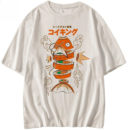 Stile giapponese Pokemon King Carp Magikarp Sushi Sashimi T-shirt in puro cotone a maniche corte T-shirt estiva da uomo e da donna allentata