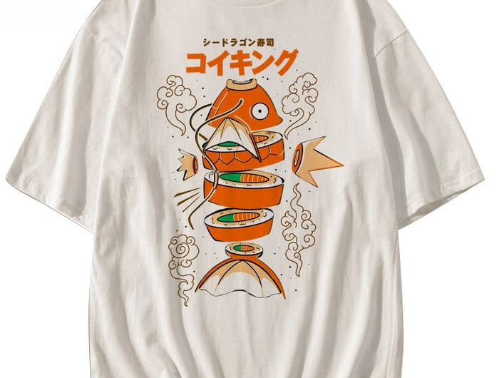 Stile giapponese Pokemon King Carp Magikarp Sushi Sashimi T-shirt in puro cotone a maniche corte T-shirt estiva da uomo e da donna allentata