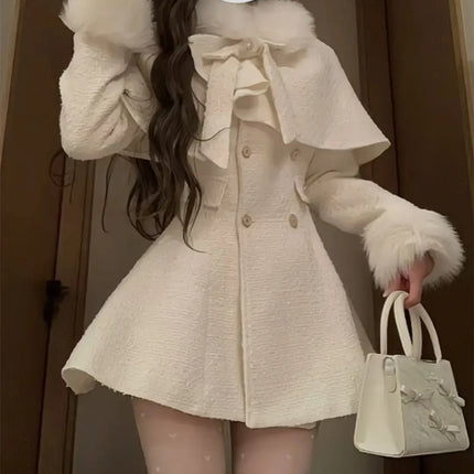 French Elegant Temperament Fur Collar Bow Cape Shawl + Slim Fit Double-breasted Dress 2 Pcs Sets Winter Plush Women Y2k Suits