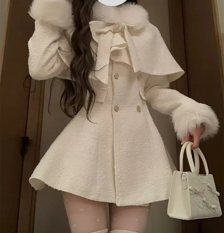French Elegant Temperament Fur Collar Bow Cape Shawl + Slim Fit Double-breasted Dress 2 Pcs Sets Winter Plush Women Y2k Suits