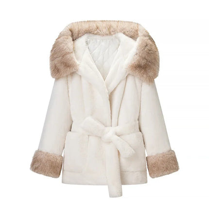 Casual Patchwork Faux Fur Collar Women's Coat Lace Up Pockets Thicken Lady Coats 2026 Autumn Winter Female Street Outerwear