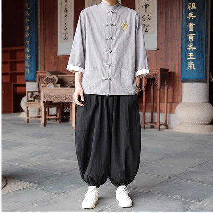 Camicie in cotone e lino Stile cinese retrò Tai Chi Kung Fu Camicie tradizionali Ricamo Camicia da uomo comoda e traspirante vestibilità ampia