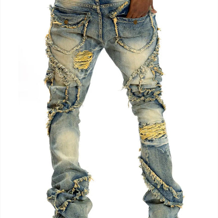 2025 New European and American men's casual jeans, street punk fashion, retro, ripped hole, slightly flared tassel elastic jeans PlatiNum