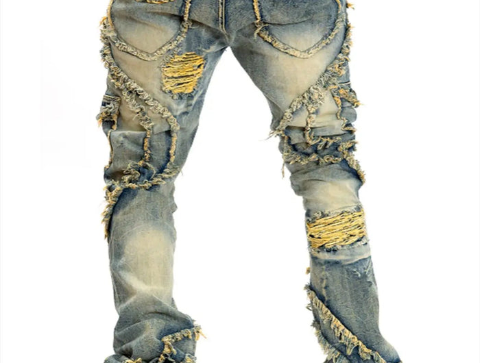 2025 New European and American men's casual jeans, street punk fashion, retro, ripped hole, slightly flared tassel elastic jeans PlatiNum