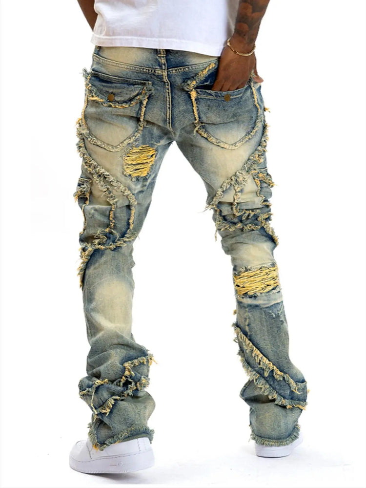 2025 New European and American men's casual jeans, street punk fashion, retro, ripped hole, slightly flared tassel elastic jeans PlatiNum