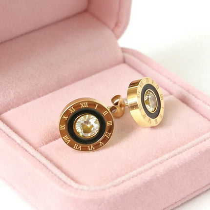 Orecchini a bottone con numeri romani in acciaio inossidabile 316, rotondi, brillanti, con zirconi AAA, diametro 12 mm, per donna, gioielli di marca di alta qualità platinumshop