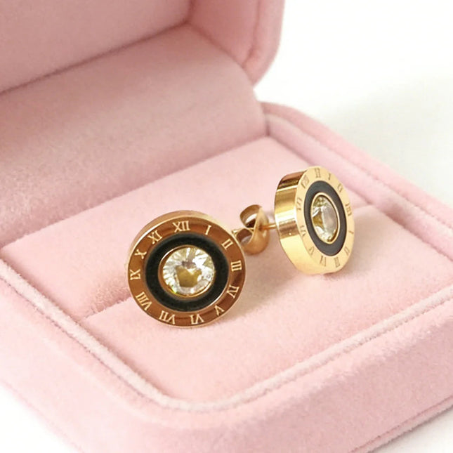 Orecchini a bottone con numeri romani in acciaio inossidabile 316, rotondi, brillanti, con zirconi AAA, diametro 12 mm, per donna, gioielli di marca di alta qualità platinumshop