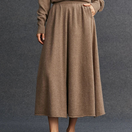 New Women's 100% Pure Cashmere Knitted Full Skirt Autumn Winter High Waisted Mid-calf Ankle-Length Soild Dress Versatile Elegant PlatiNum
