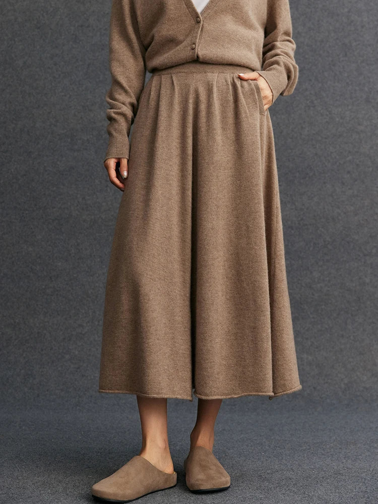 New Women's 100% Pure Cashmere Knitted Full Skirt Autumn Winter High Waisted Mid-calf Ankle-Length Soild Dress Versatile Elegant PlatiNum