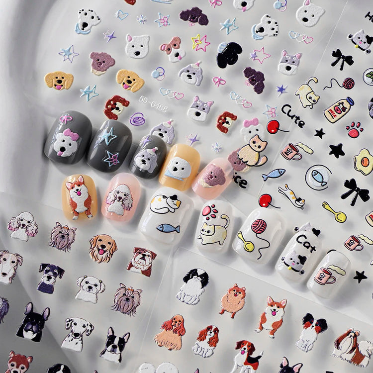 1Pcs 5D Lovely Dog/Cat Nail Art Stickers Cartoon Puppy Kitten Pet Animal Adhesive Nail Decals Y2K Manicure Decorations Sliders &