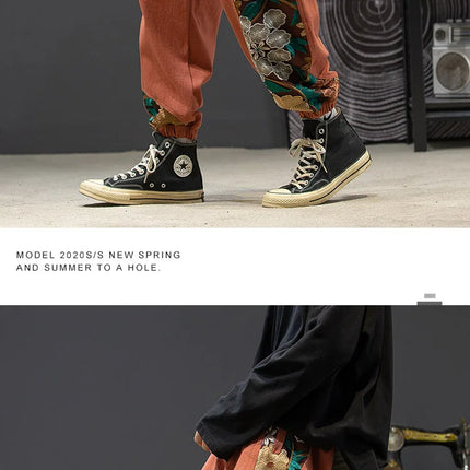 Pantaloni casual alla moda Abbigliamento da uomo Cotone Samurai giapponese Ricamo Patchwork Pantaloni Harem Pantaloni Harajuku oversize da uomo