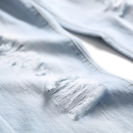 Casual Men's Light Blue Denim Jeans Ripped Straight Leg Slim Fit Non-Elastic Torn Casual Style Chinese Production PlatiNum