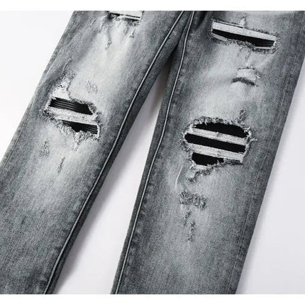 Street Designer Fashion Men Jeans Retro Gray Stretch Skinny Fit Patched Ripped Jeans Men Brand Hip Hop Y2K Denim Pants Hombre PlatiNum