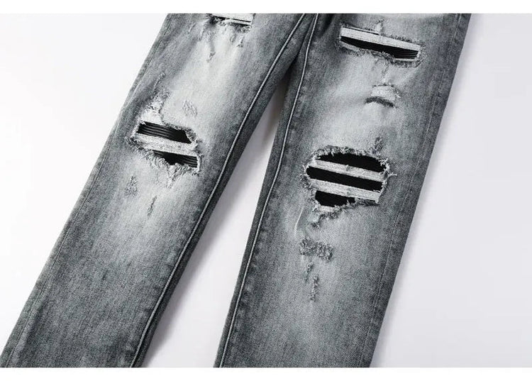 Street Designer Fashion Men Jeans Retro Gray Stretch Skinny Fit Patched Ripped Jeans Men Brand Hip Hop Y2K Denim Pants Hombre PlatiNum