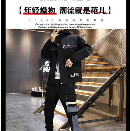 Men's Casual Sports Sets Spring Autumn Tracksuit Jogging Set Patchwork flight Hooded jacket pants two Piece