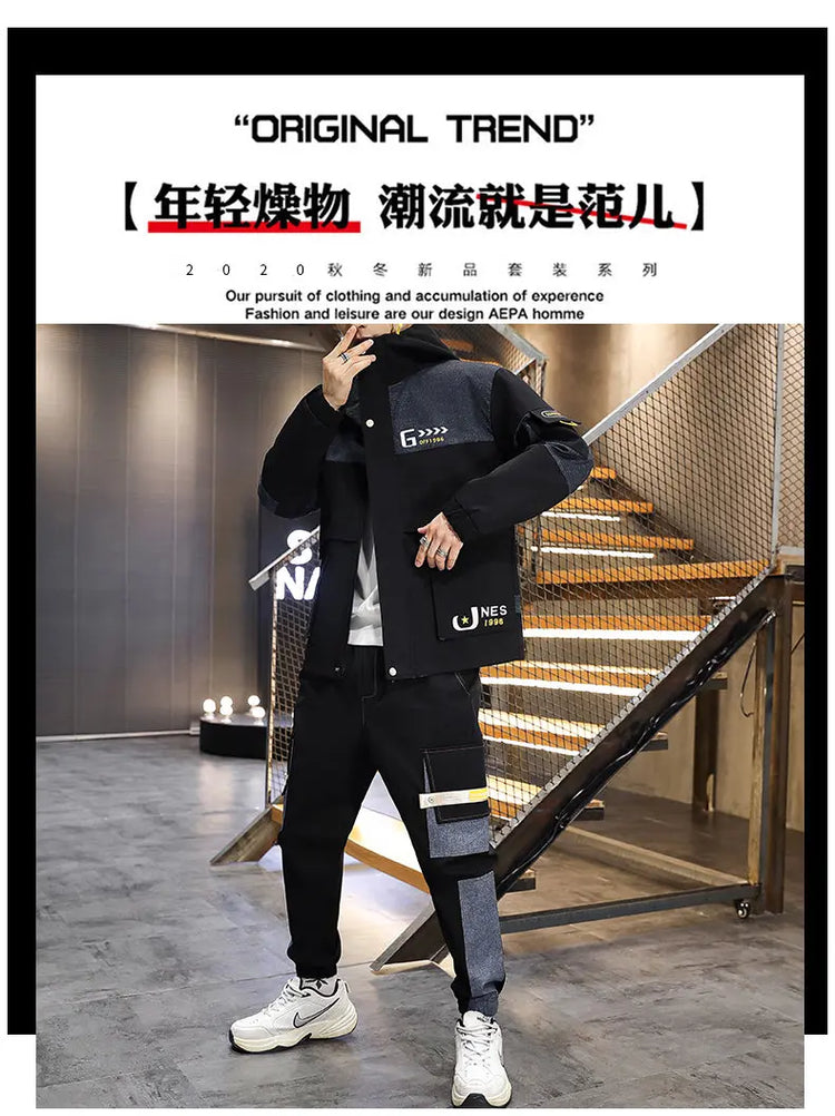 Men's Casual Sports Sets Spring Autumn Tracksuit Jogging Set Patchwork flight Hooded jacket pants two Piece
