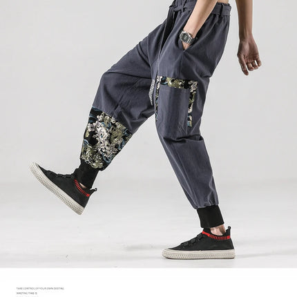 Pantaloni da uomo Costume da samurai giapponese Ukiyo-e Cintura con stampa Pantaloni stile harem da uomo in cotone e lino Pantaloni casual Harajuku da uomo Taglie forti 5XL
