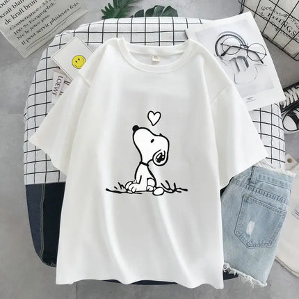 New 2026 Snoopy Cartoon Anime Women's T-shirt, White Cotton Short Sleeve Summer T-shirt, Fashion Top for Couples