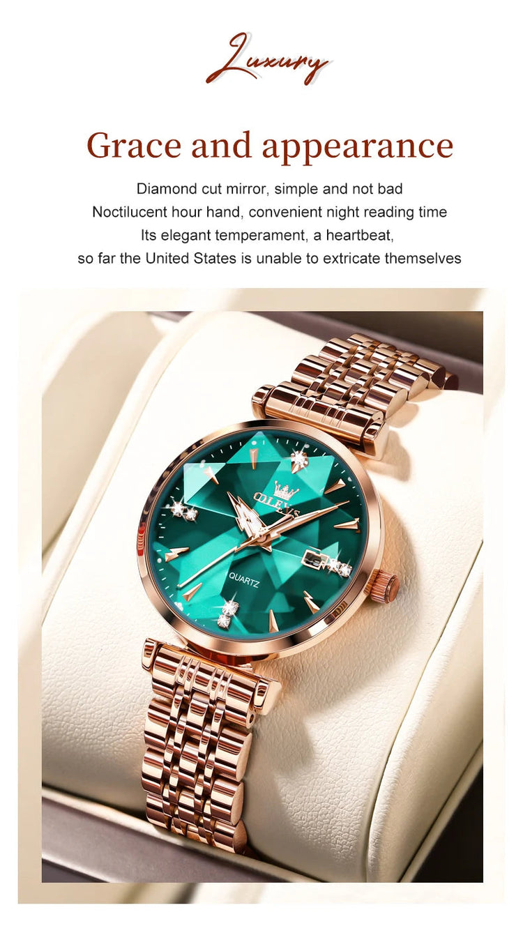 OLEVS 5536 Orologio da donna al quarzo con diamanti di marca di lusso Moda elegante orologio da donna impermeabile in oro rosa con bracciale Set Reloj Mujer platinumshop