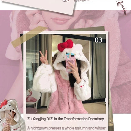2025 Hello Kitty Pajamas Women'S Autumn And Winter Coral Velvet Thickened Bathrobe Cute Winter Nightgown Long Women'S Suit