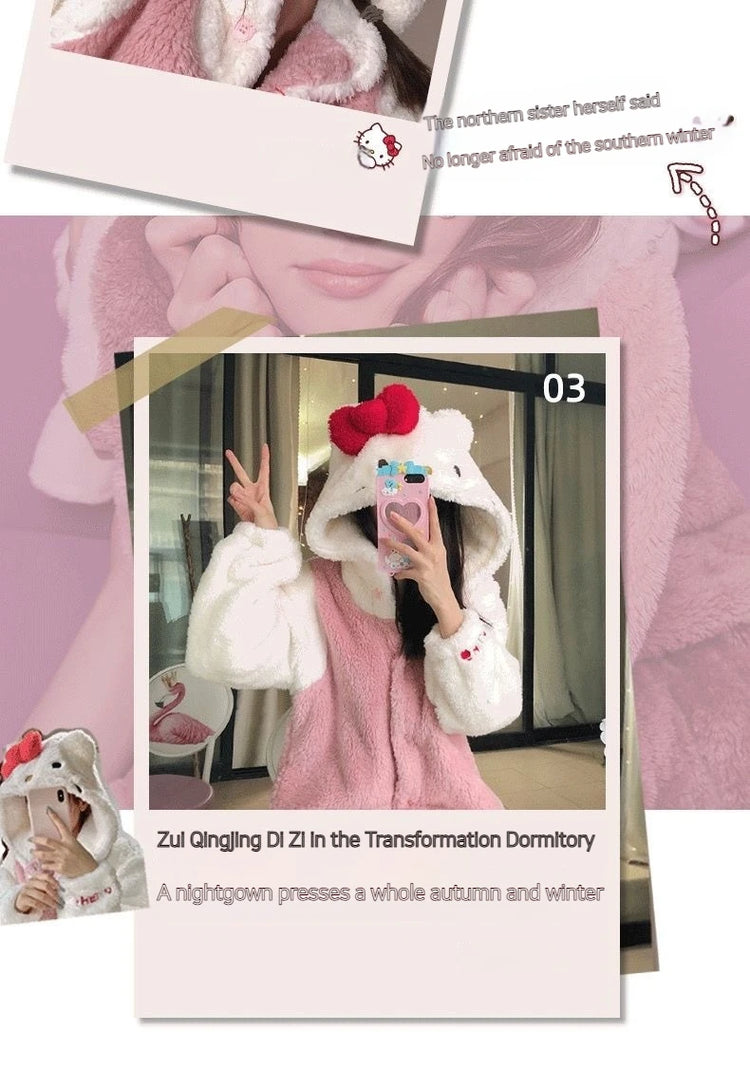 2025 Hello Kitty Pajamas Women'S Autumn And Winter Coral Velvet Thickened Bathrobe Cute Winter Nightgown Long Women'S Suit