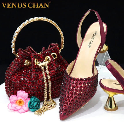 Venus Chan Pointed Toe Heels for Women 2023 Elegant Party Wine Color Full Diamond Pumps Italian Shoes and Bags Matching Set PlatiNum