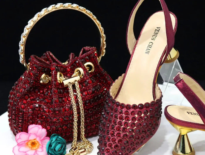 Venus Chan Pointed Toe Heels for Women 2023 Elegant Party Wine Color Full Diamond Pumps Italian Shoes and Bags Matching Set PlatiNum