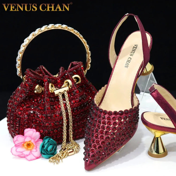 Venus Chan Pointed Toe Heels for Women 2023 Elegant Party Wine Color Full Diamond Pumps Italian Shoes and Bags Matching Set PlatiNum