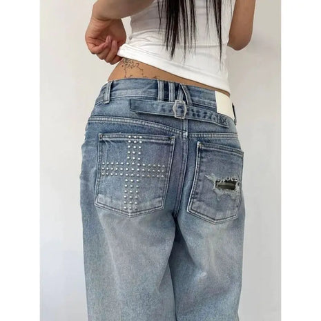 Jeans Estivi da Donna Lavati e Distressed con Strass, Stile American Vintage Y2K Street Style, Gamba Larga Dritta e Morbida