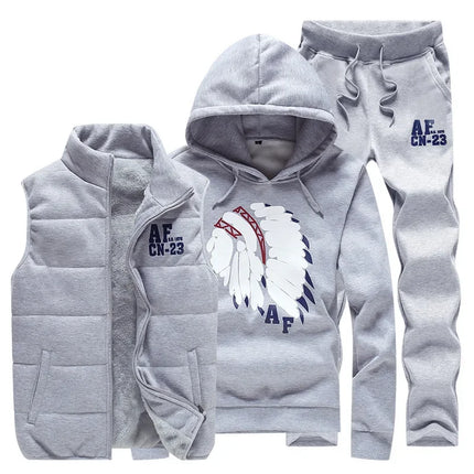 3 Pieces Set Hoodies+Vest+Pants Casual Men's Track Suit Clothing Coats Winter Thick Warm Tracksuit for Men Printed Mens Set Vest