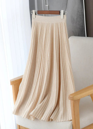 100% Merino Wool Women’s Knitted Skirt Spring Autumn Winter  Long Pleated Grace Skirts High Waist A-Line Cashmere Comfortable PlatiNum