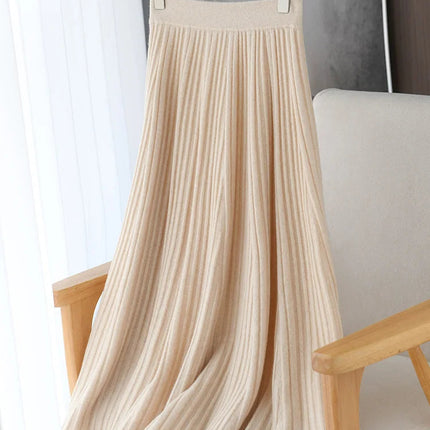 100% Merino Wool Women’s Knitted Skirt Spring Autumn Winter  Long Pleated Grace Skirts High Waist A-Line Cashmere Comfortable PlatiNum