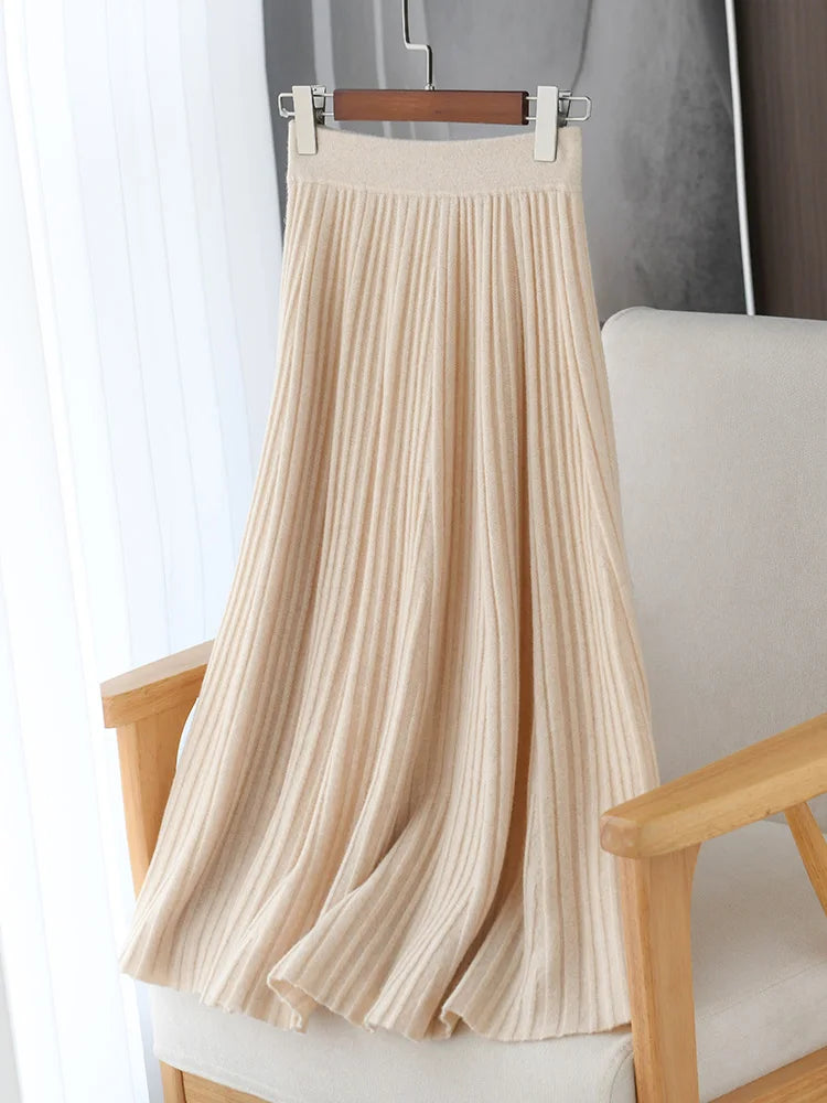 100% Merino Wool Women’s Knitted Skirt Spring Autumn Winter  Long Pleated Grace Skirts High Waist A-Line Cashmere Comfortable PlatiNum