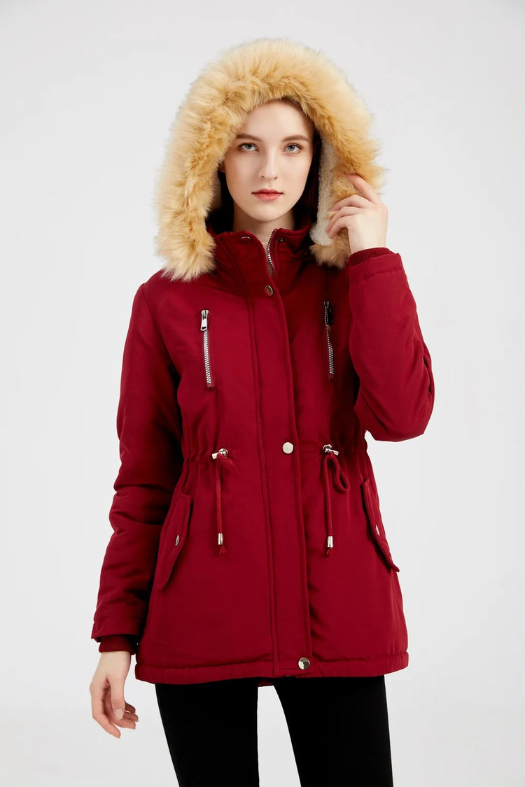 Women's Winter Coat Warm Fleece Lined Parka Detachable Faux Fur Hood Padded Jacket Slim Waist Thick Sherpa Loose Cotton Outwear