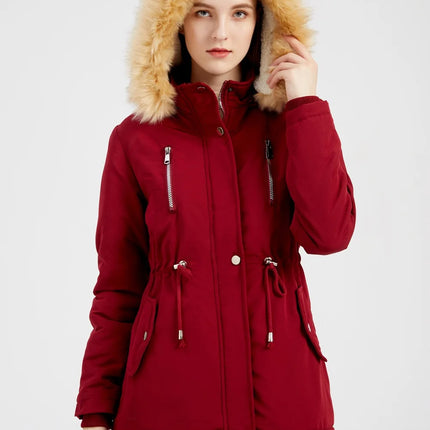 Women's Winter Coat Warm Fleece Lined Parka Detachable Faux Fur Hood Padded Jacket Slim Waist Thick Sherpa Loose Cotton Outwear
